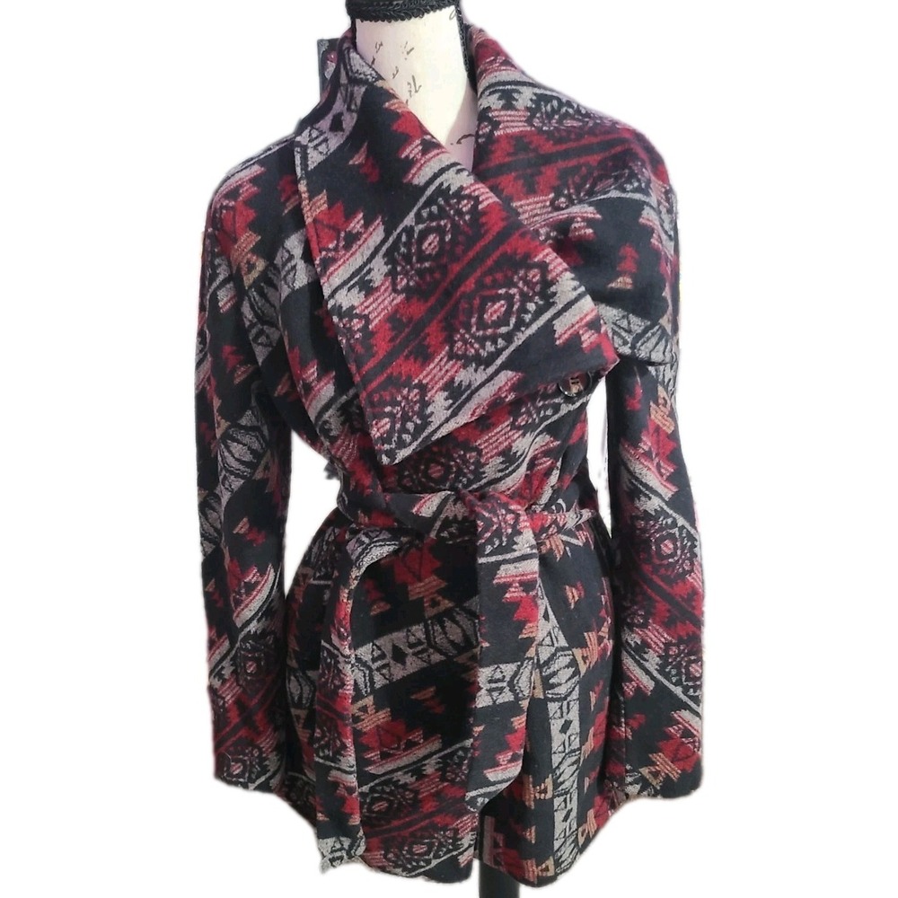 Quinn Womens‎ Belted Wrap Coat Jacket Size Large Aztec Tribal Print Wool Blend